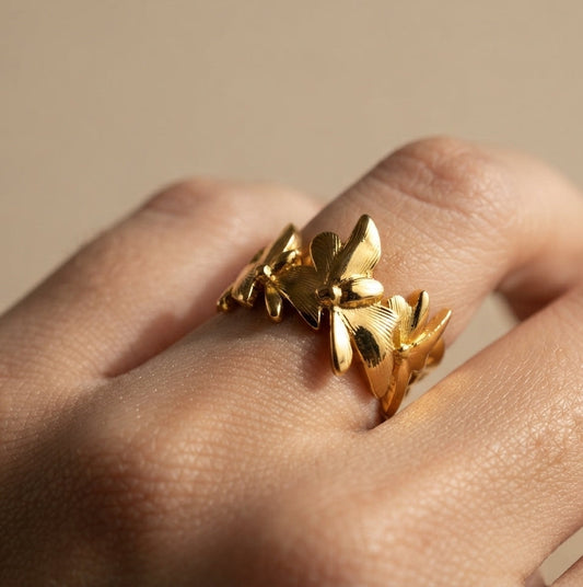 Antitarnish Adjustable Link Leaf Ring 18K Gold Plated