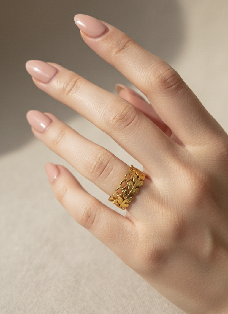 Antitarnish Adjustable Link Leaf Ring 18K Gold Plated