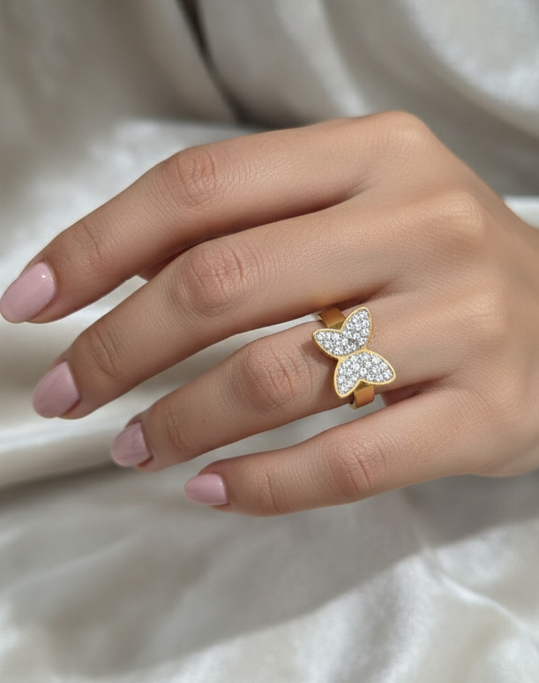 Antitarnish Bold Butterfly Stone Studded Ring 18K Gold Plated
