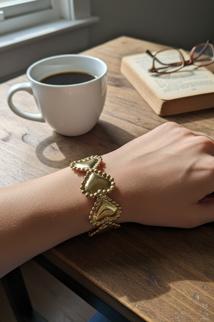 Antitarnish Bold Hearts Cuff Bracelet 18K Gold Plated