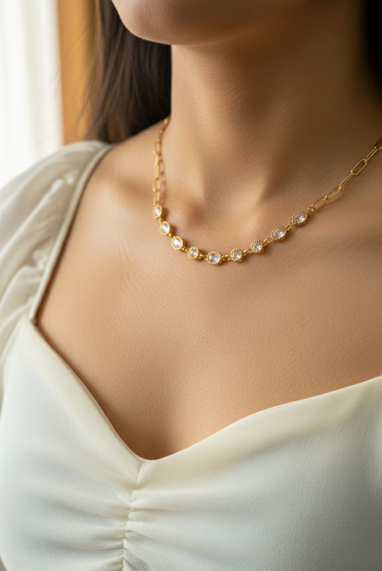 Antitarnish Clear Charms Paperclip Necklace 18K Gold Plated