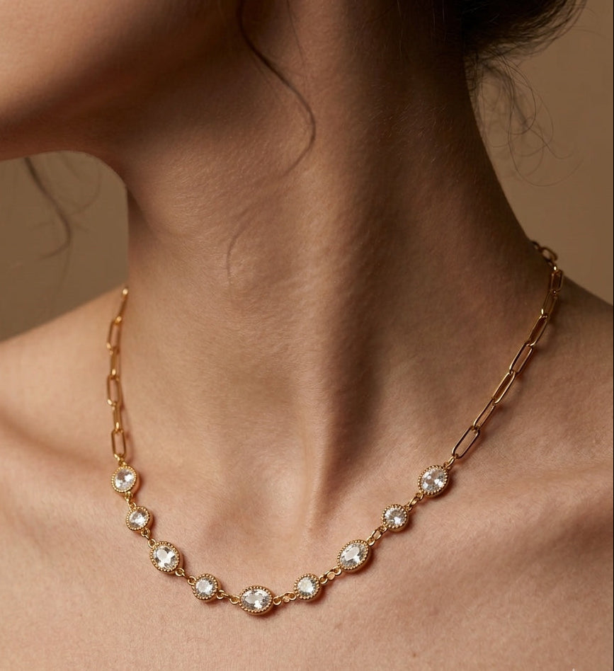 Antitarnish Clear Charms Paperclip Necklace 18K Gold Plated