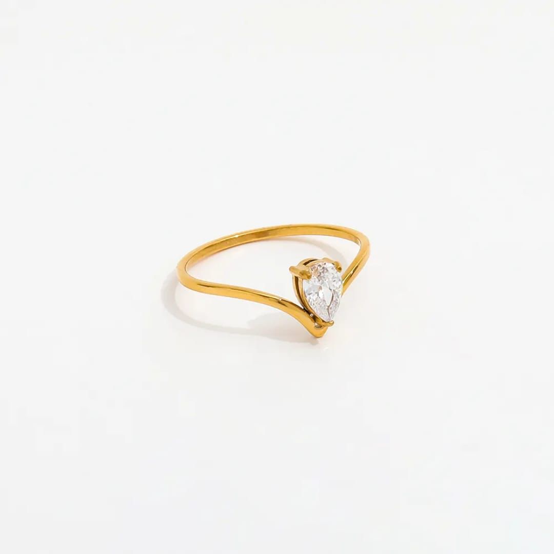 Antitarnish Dainty Pear Solitaire V Cut Ring 18K Gold Plated