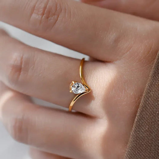 Antitarnish Dainty Pear Solitaire V Cut Ring 18K Gold Plated