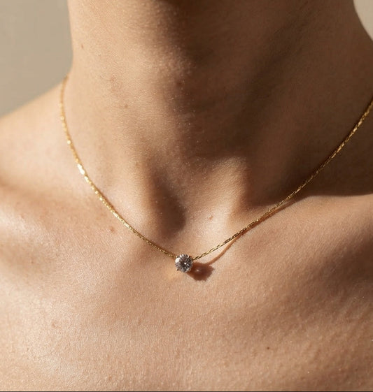 Antitarnish Dainty Solitaire Diamond Necklace 18K Gold Plated