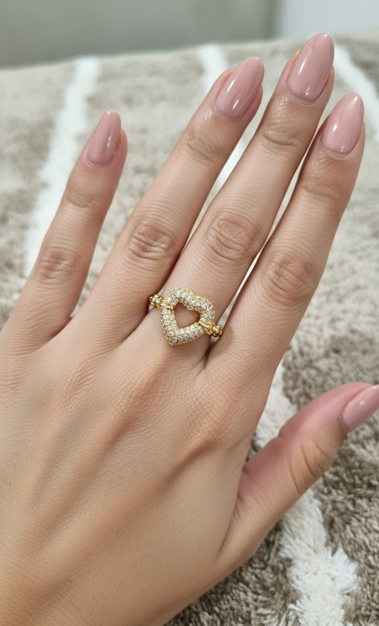 Antitarnish Diamond Studded Heart Ring 18K Gold Plated