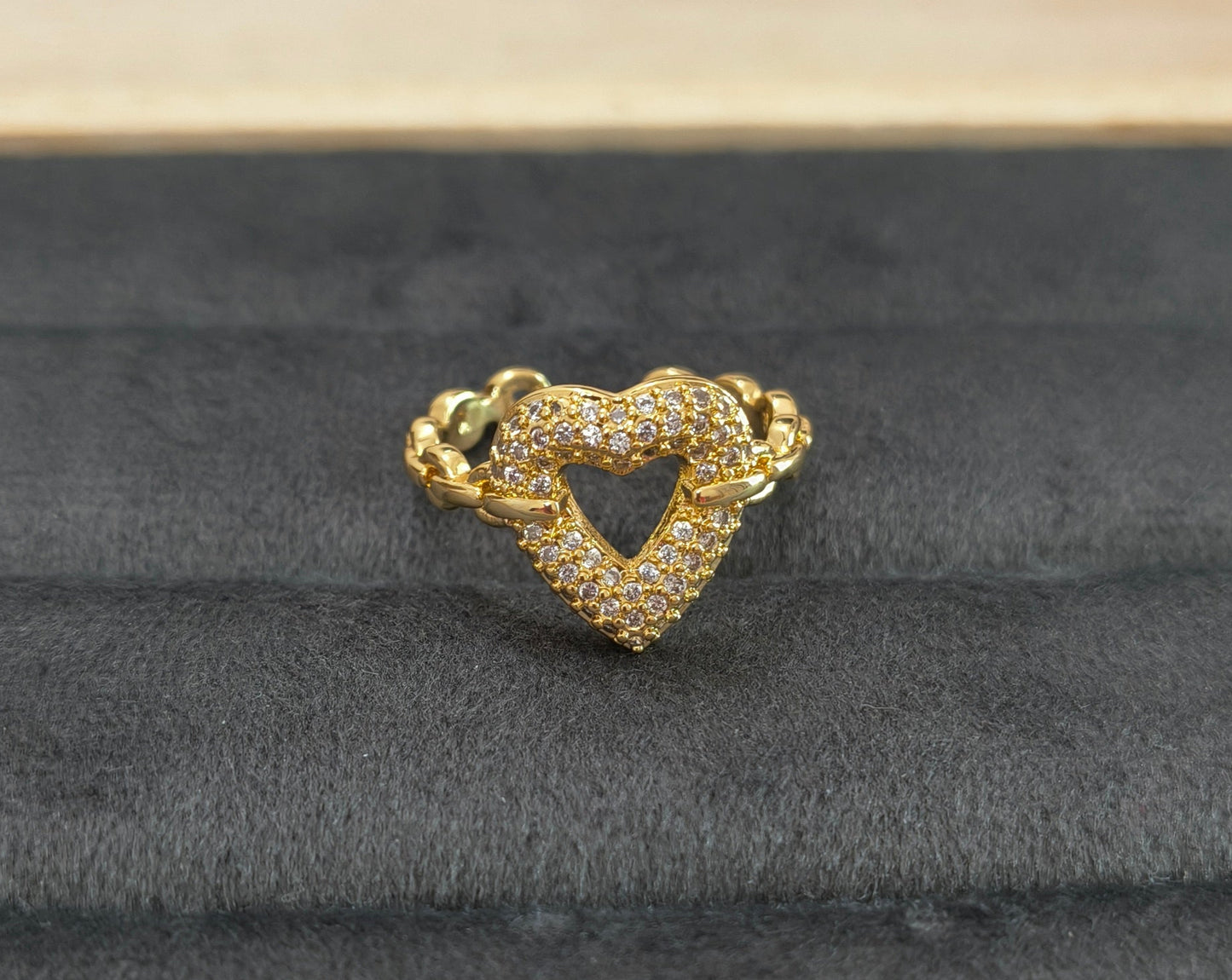 Antitarnish Diamond Studded Heart Ring 18K Gold Plated Adjustable