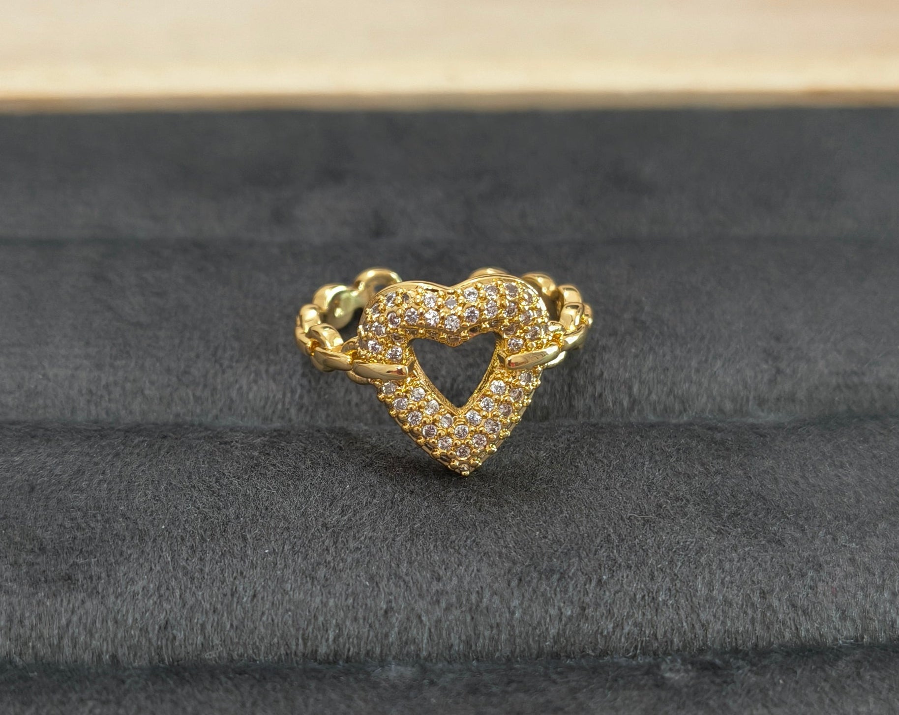 Antitarnish Diamond Studded Heart Ring 18K Gold Plated Adjustable