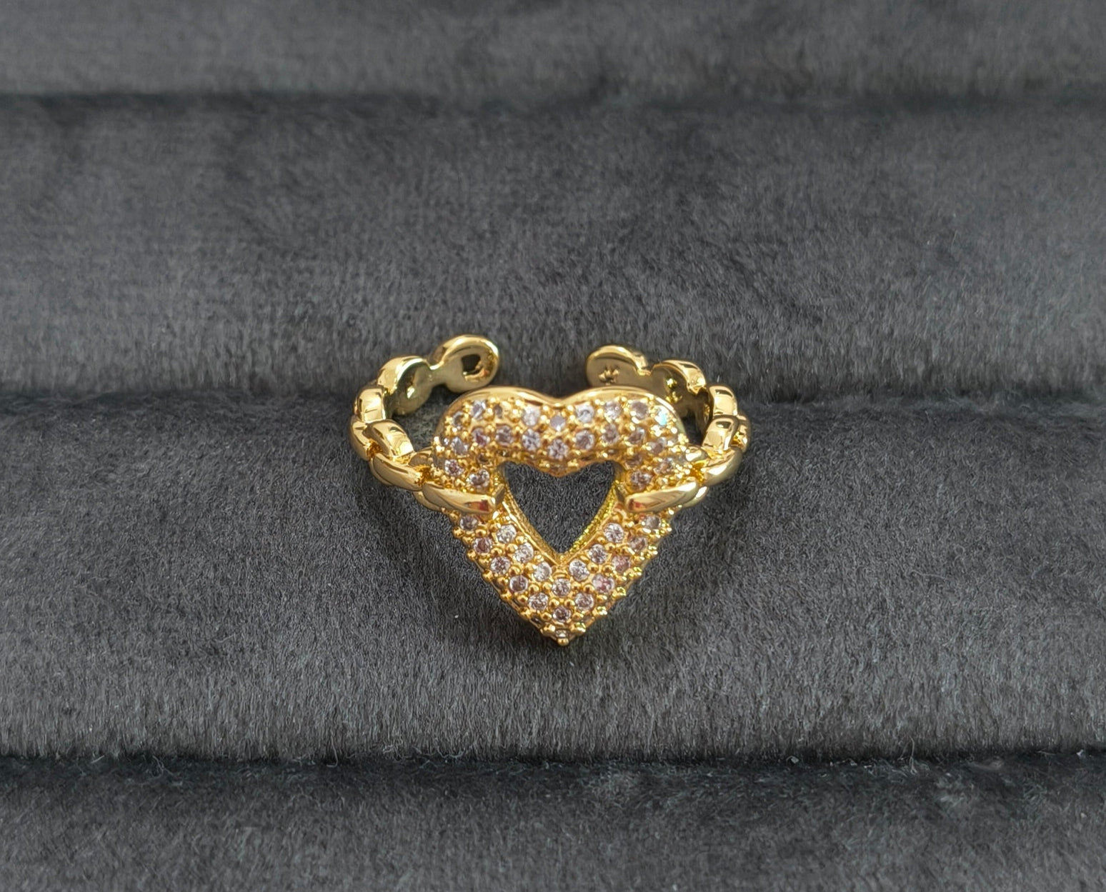 Antitarnish Diamond Studded Heart Ring 18K Gold Plated Adjustable