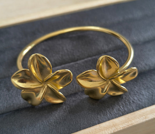 Antitarnish Double Flower Cuff Bracelet Bangle 18K Gold Plated