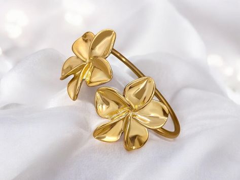 Antitarnish Double Flower Cuff Bracelet Bangle 18K Gold Plated