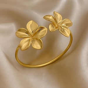 Antitarnish Double Flower Cuff Bracelet Bangle 18K Gold Plated