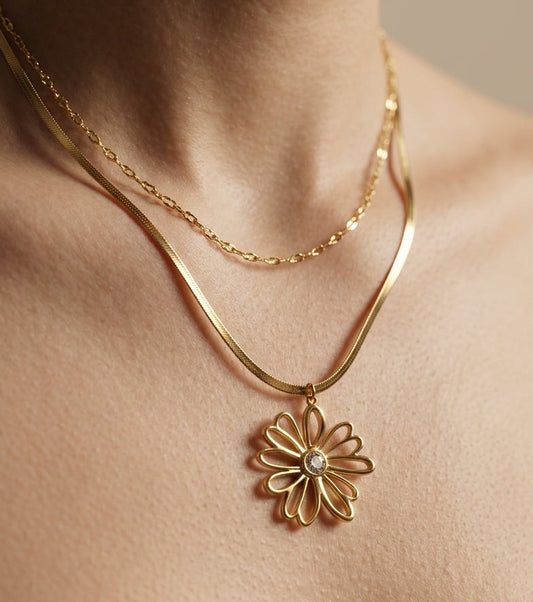 Antitarnish Double Layered Sunflower Necklace 18K Gold Plated