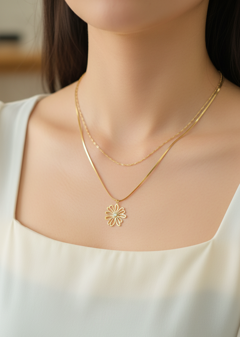 Antitarnish Double Layered Sunflower Necklace 18K Gold Plated