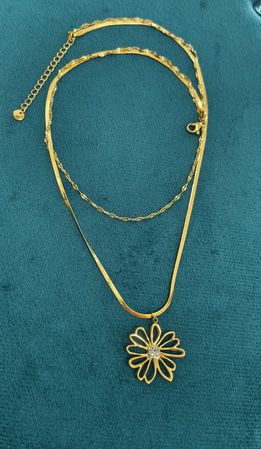 Antitarnish Double Layered Sunflower Necklace 18K Gold Plated