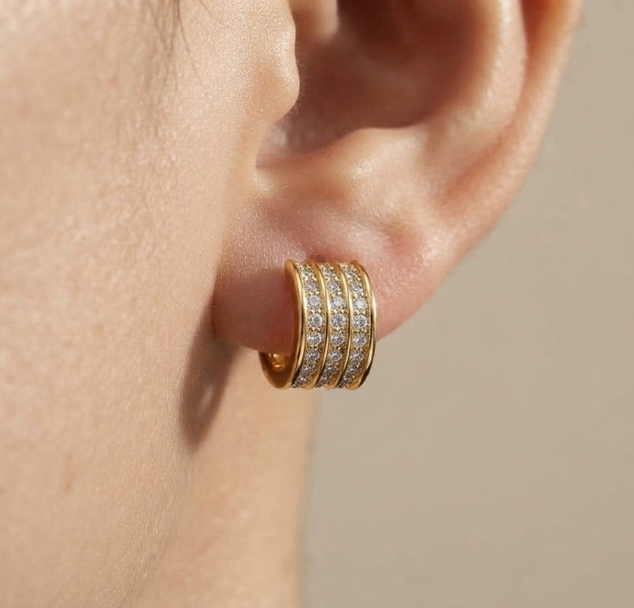 Antitarnish Earring Three Line Studs 18k Gold Plated