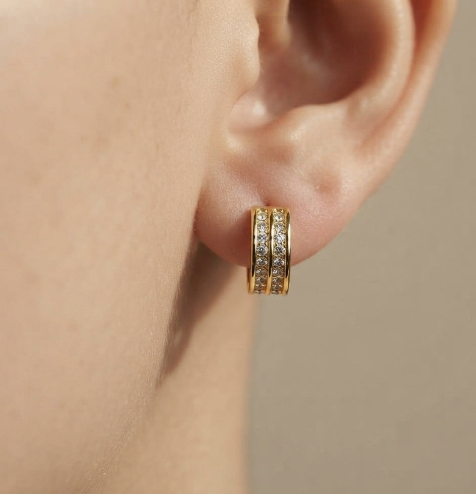 Antitarnish Earring Two Line Stone Studded Studs 18k Gold