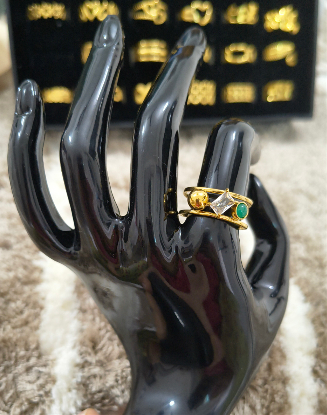 Antitarnish Emerald Bead and Diamond Ring 18K Gold Plated