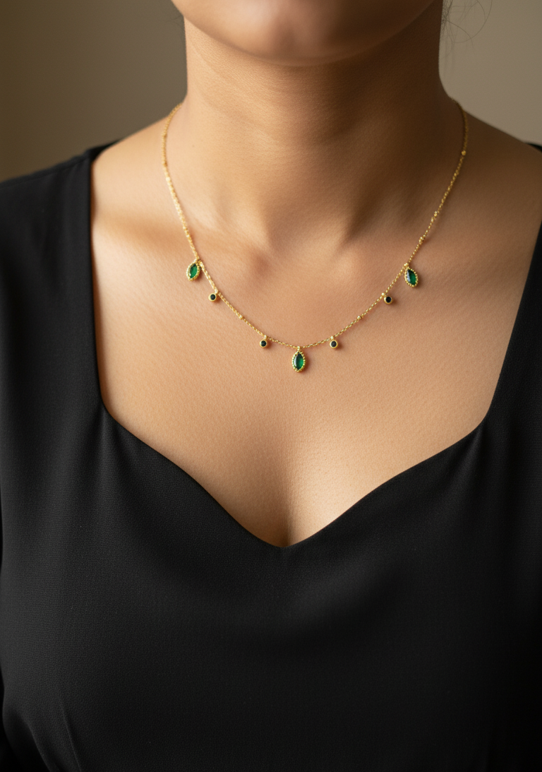 Antitarnish Emerald Dangle Necklace 18K Gold Plated