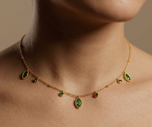 Antitarnish Emerald Dangle Necklace 18K Gold Plated