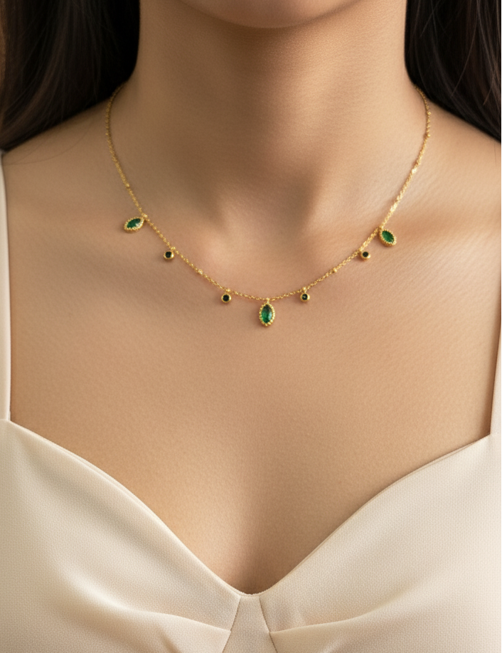 Antitarnish Emerald Dangle Necklace 18K Gold Plated
