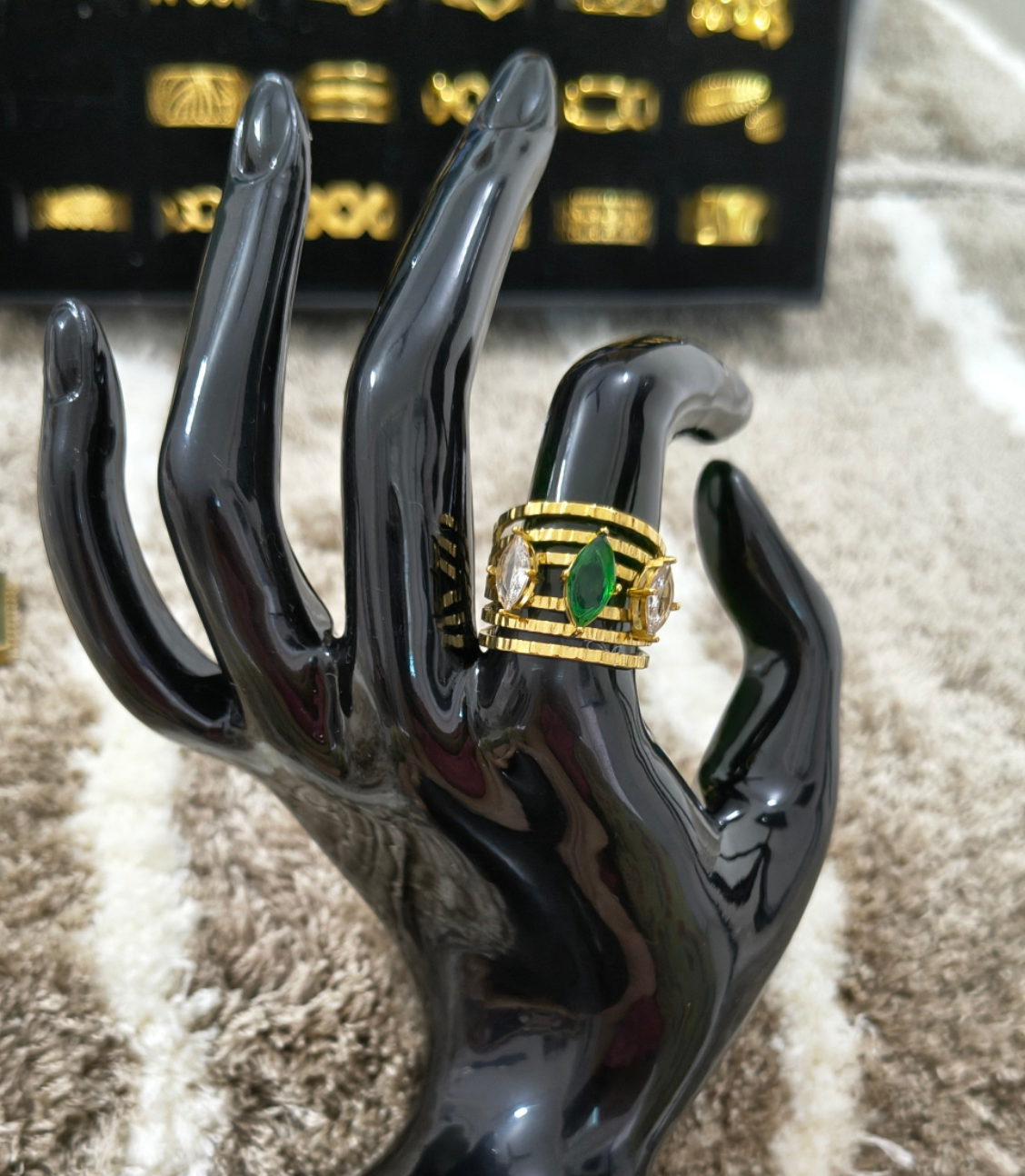 Antitarnish Emerald Diamond Multi Layered Ring 18K Gold Plated