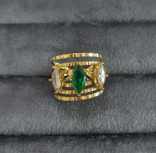 Antitarnish Emerald Diamond Multi Layered Ring 18K Gold Plated