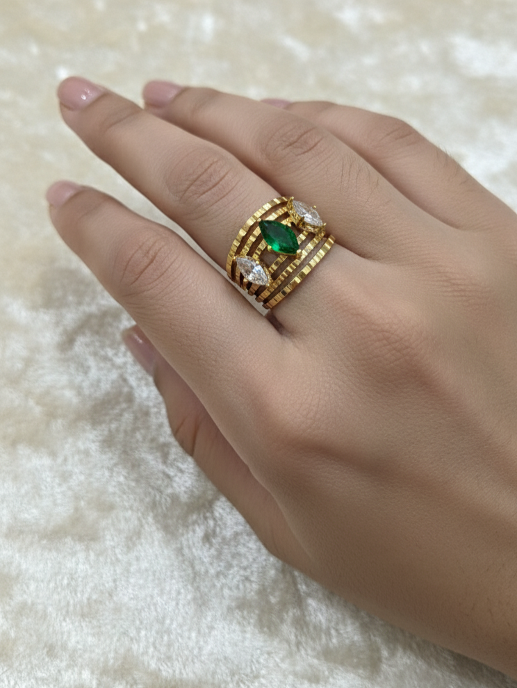 Antitarnish Emerald Diamond Multi Layered Ring 18K Gold Plated