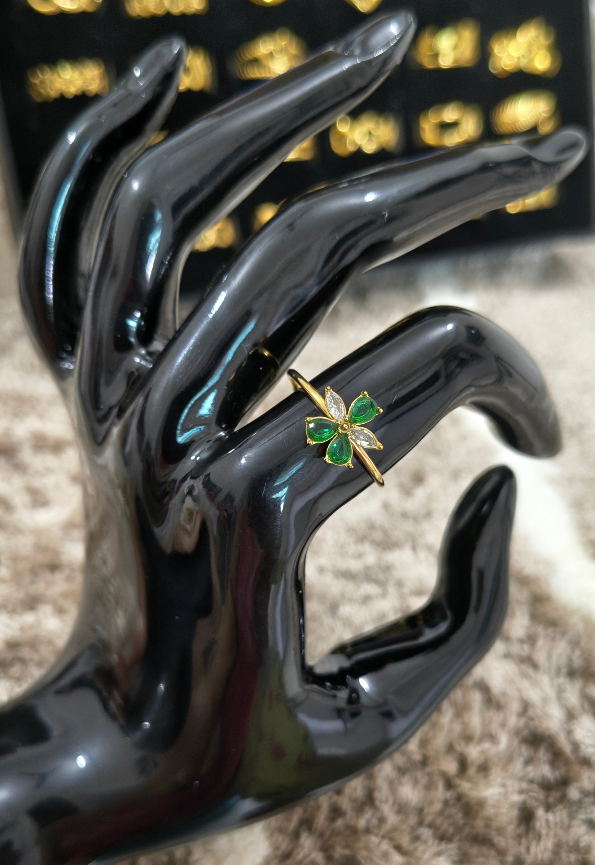 Antitarnish Emerald Green Floral Solitaire Ring 18K Gold Plated