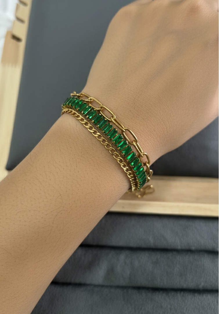 Antitarnish Emeralds & Paperclip Chain Bracelet 18K Gold Plated