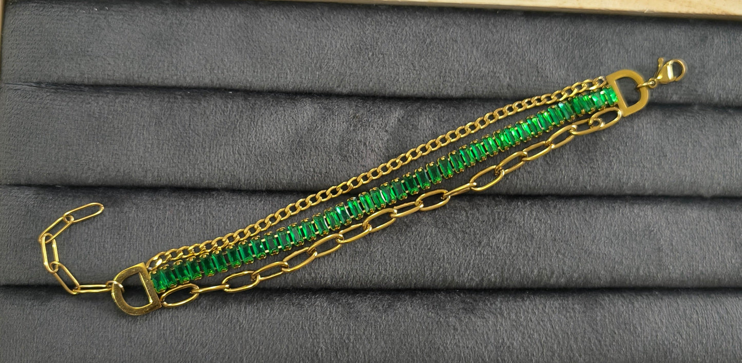 Antitarnish Emeralds & Paperclip Chain Bracelet 18K Gold Plated