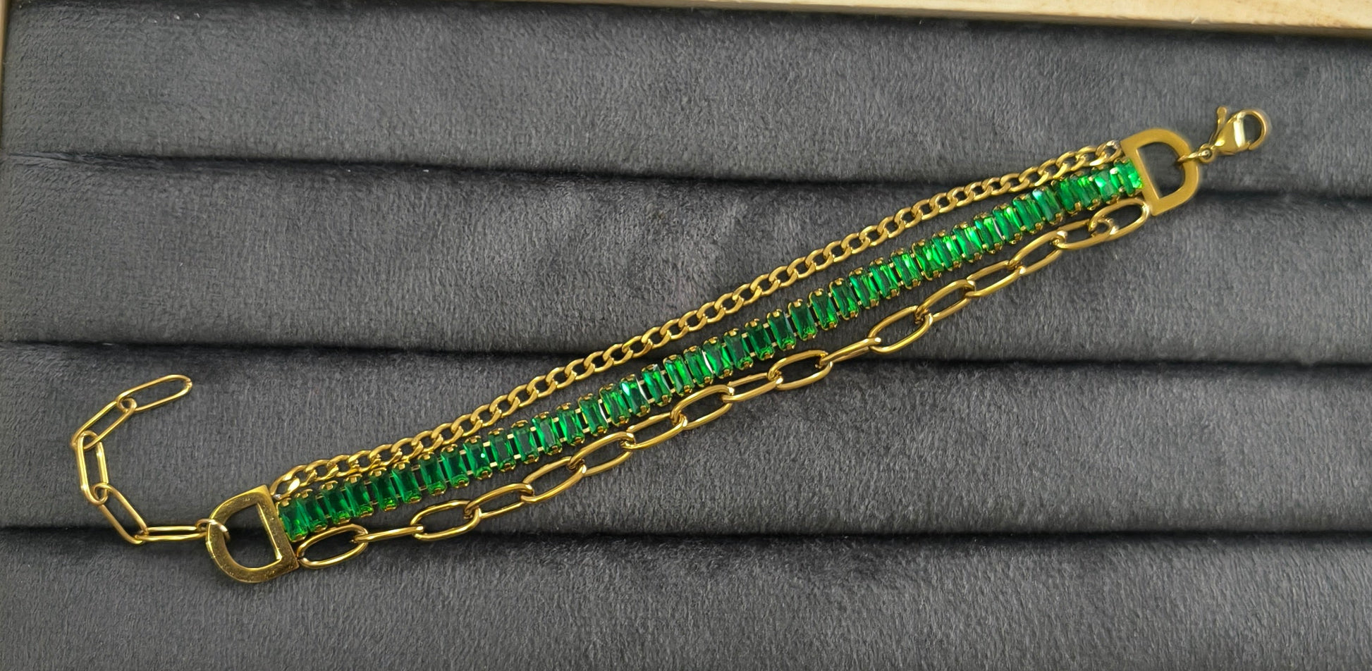 Antitarnish Emeralds & Paperclip Chain Bracelet 18K Gold Plated