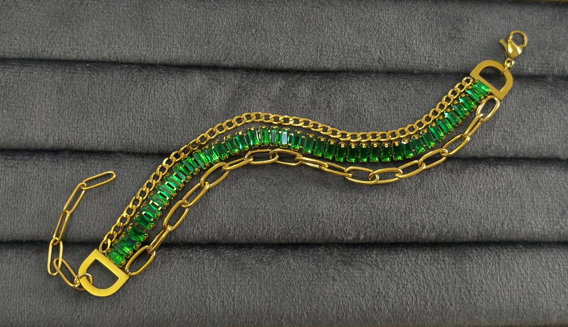 Antitarnish Emeralds & Paperclip Chain Bracelet 18K Gold Plated