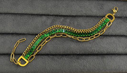 Antitarnish Emeralds & Paperclip Chain Bracelet 18K Gold Plated