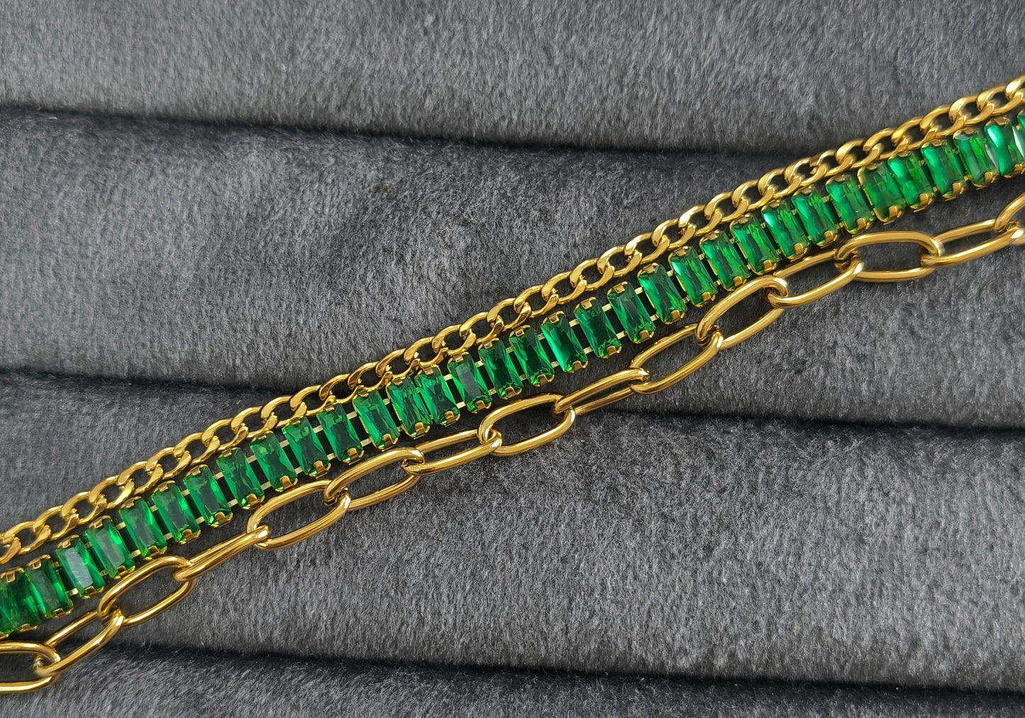 Antitarnish Emeralds & Paperclip Chain Bracelet 18K Gold Plated