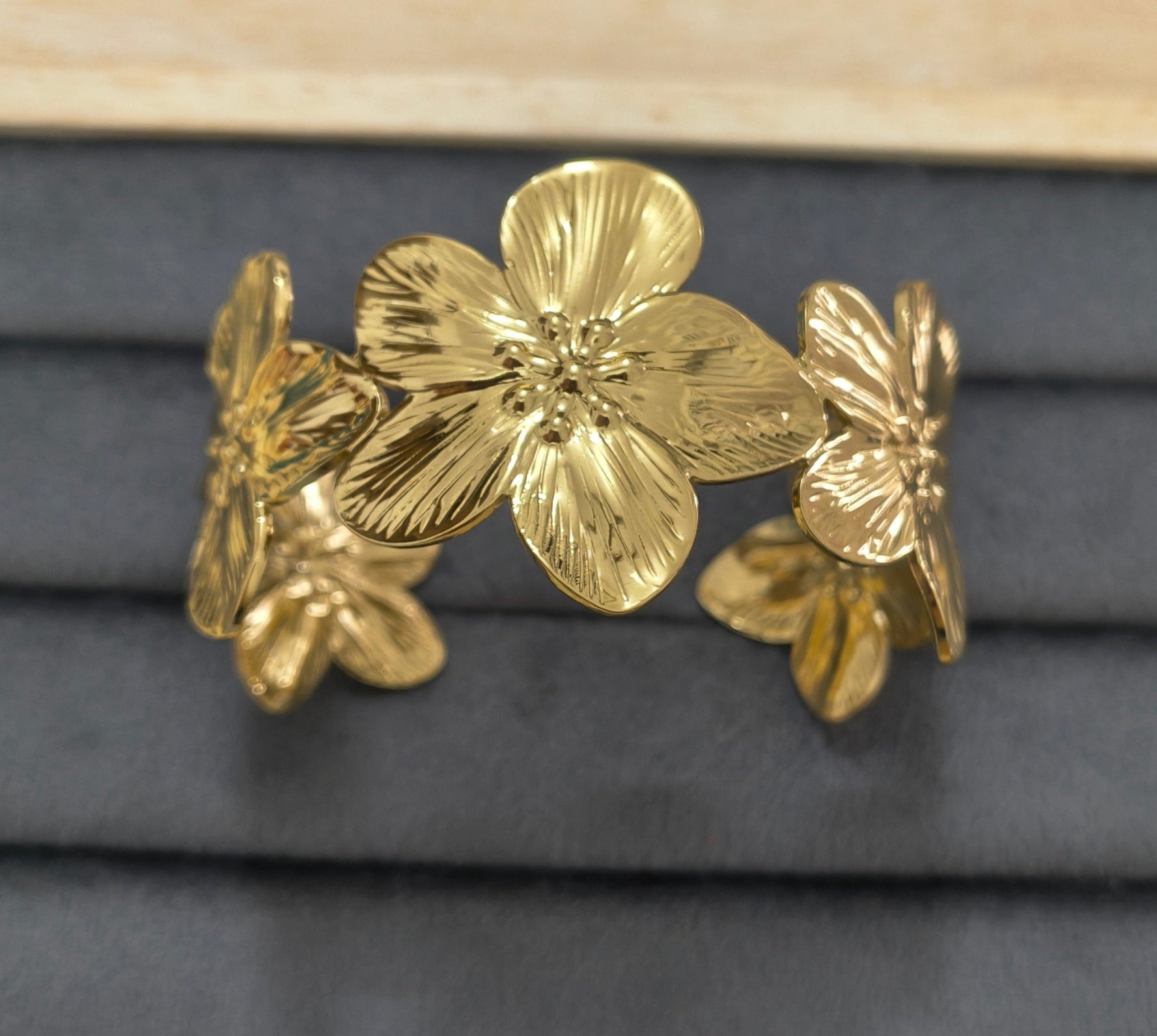 Antitarnish Floral Open Cuff Bracelet 18K Gold Plated