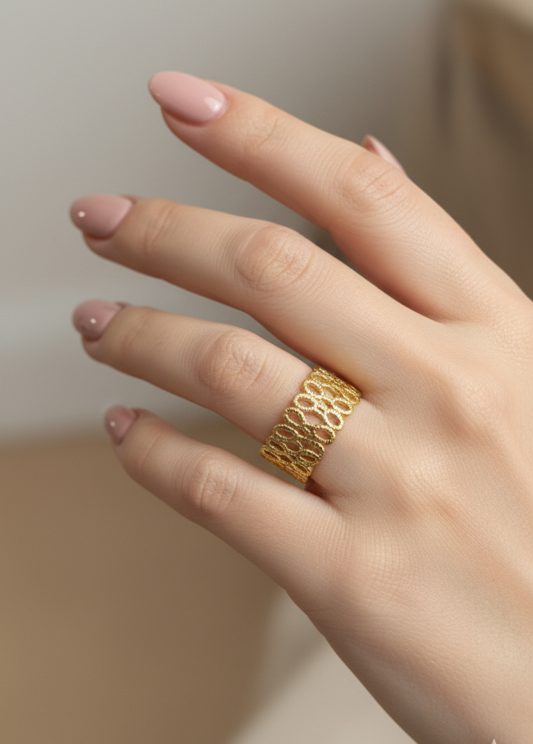 Antitarnish Golden Bubble Mesh Ring 18K Gold Plated