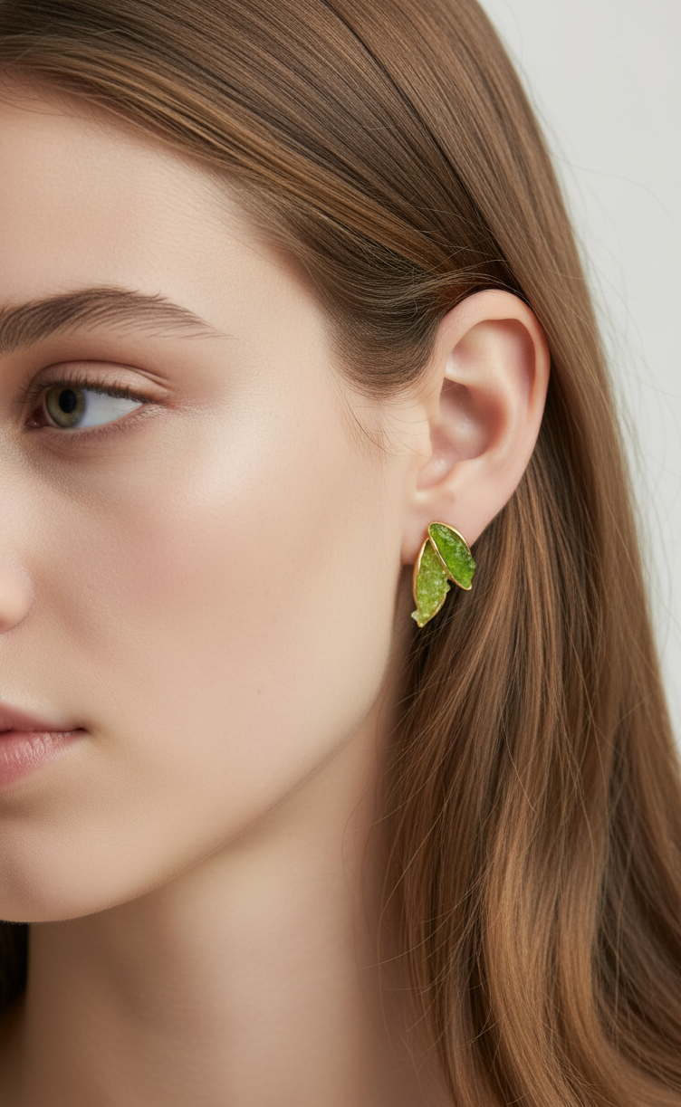 Antitarnish Leaf Shaped Green Crystal Stud Earrings