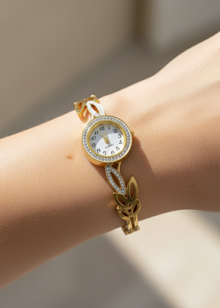 Antitarnish Leafy Design Bracelet Wrist Watch 18K Gold Plated
