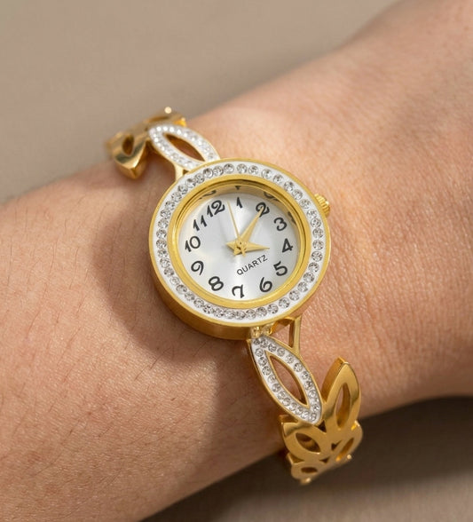 Antitarnish Leafy Design Bracelet Wrist Watch 18K Gold Plated