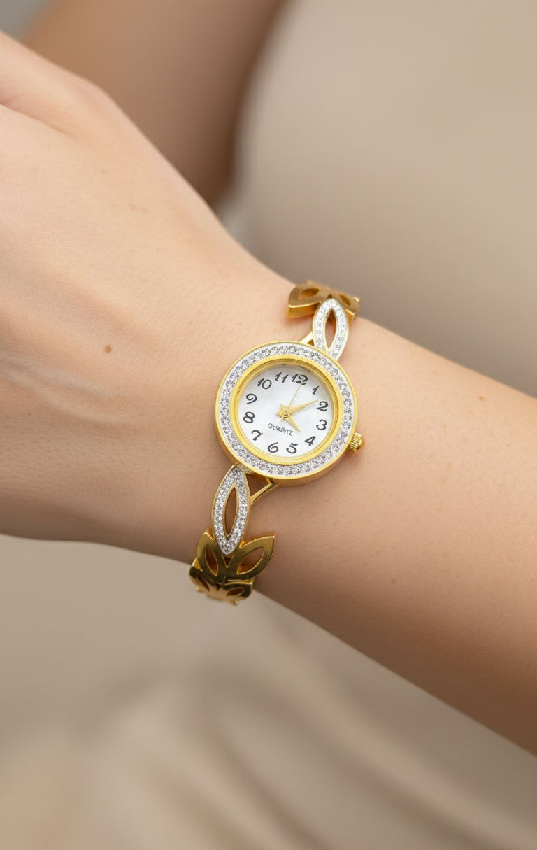 Antitarnish Leafy Design Bracelet Wrist Watch 18K Gold Plated