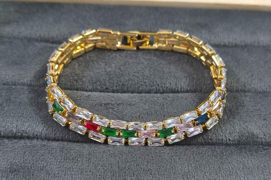 Antitarnish Multicolor Zircon Studded Tennis Bracelet !8K Gold Plated