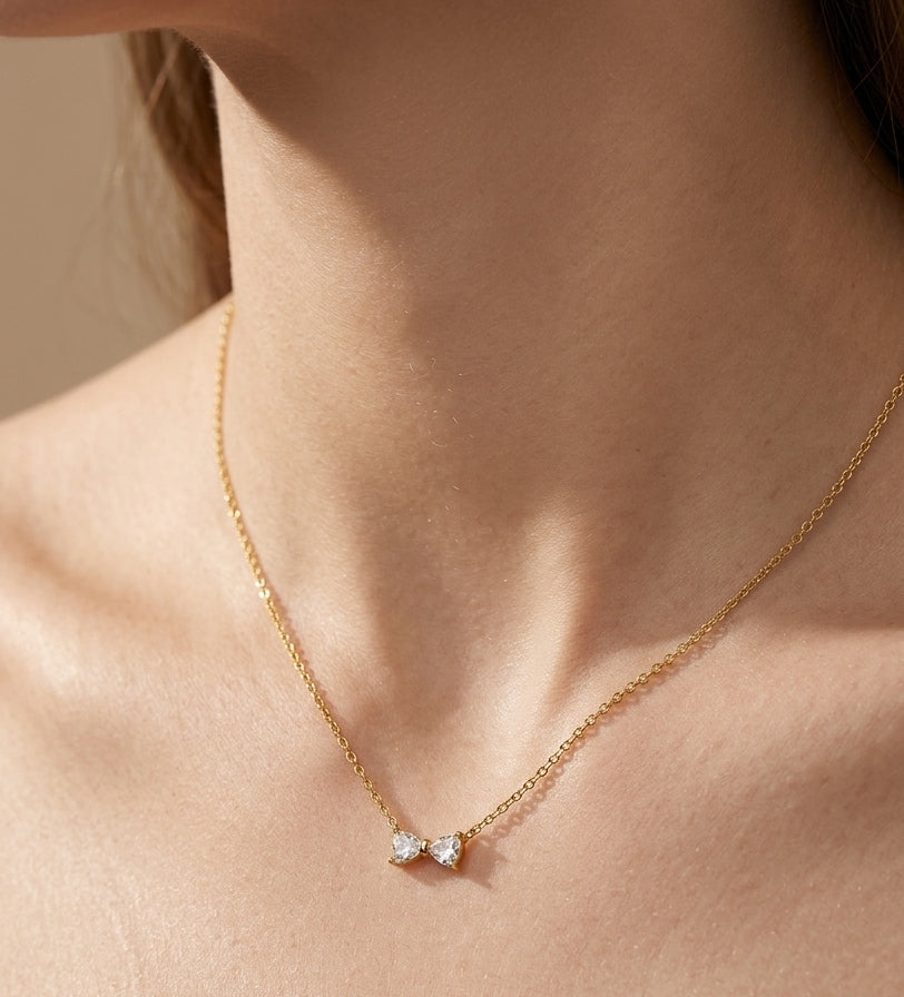 Antitarnish Necklace Dainty Bow Stones 18K Gold Plated