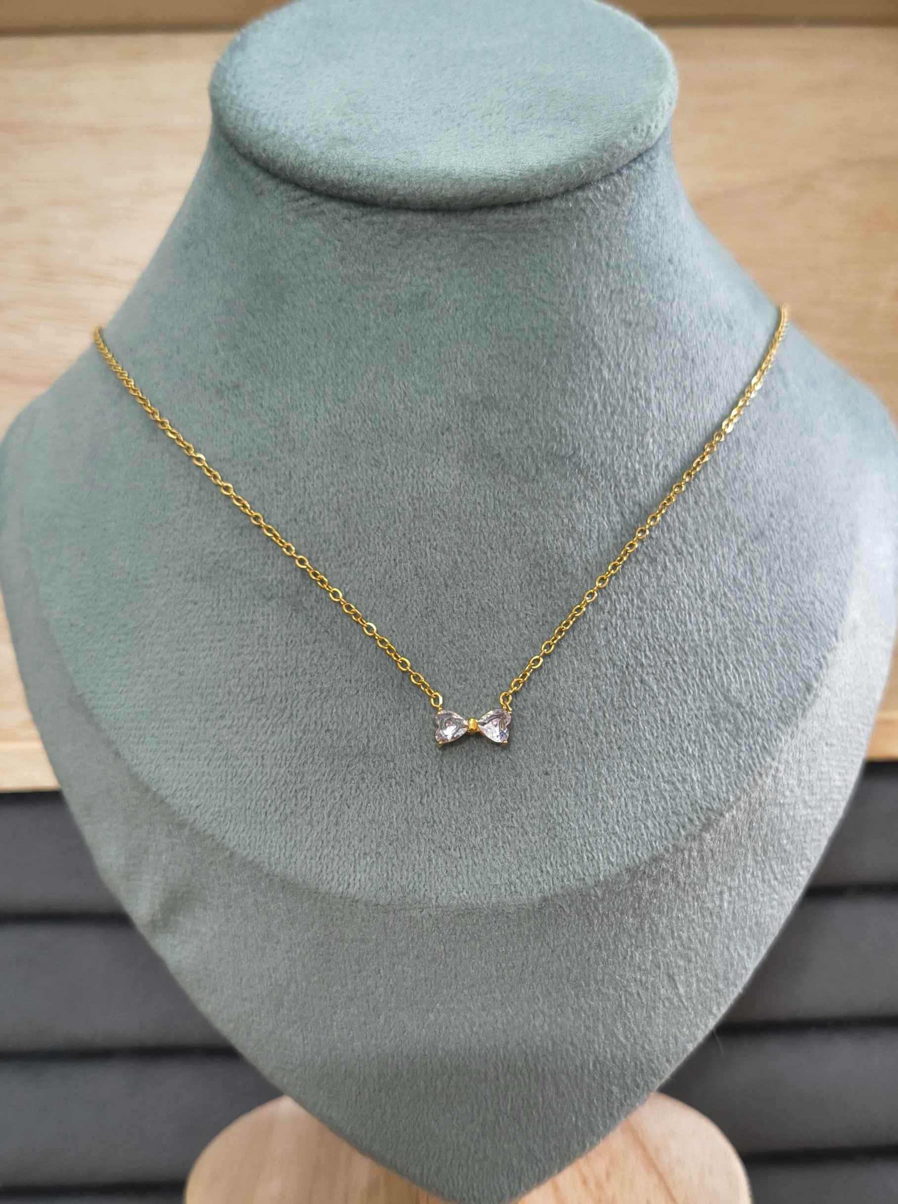 Antitarnish Necklace Dainty Bow Stones 18K Gold Plated