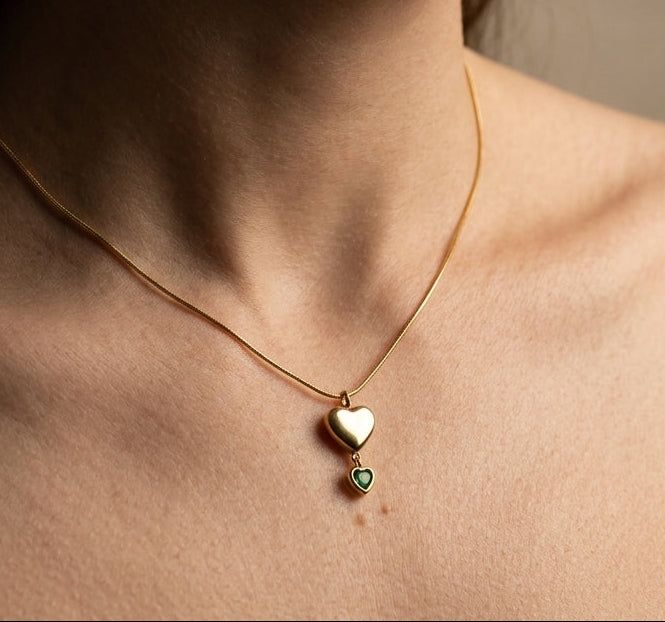 Antitarnish Necklace Emerald Double Heart 18K Gold Plated