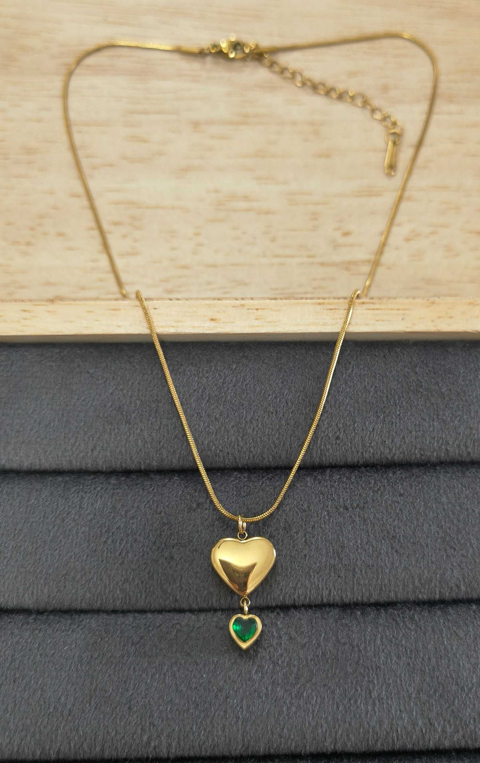 Antitarnish Necklace Emerald Double Heart 18K Gold Plated