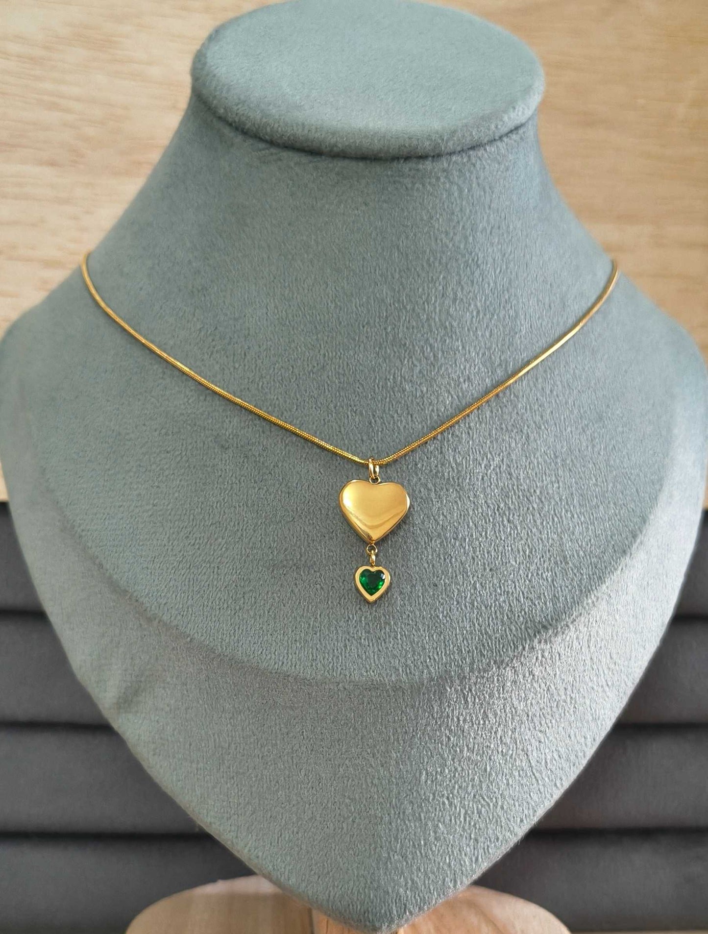 Antitarnish Necklace Emerald Double Heart 18K Gold Plated