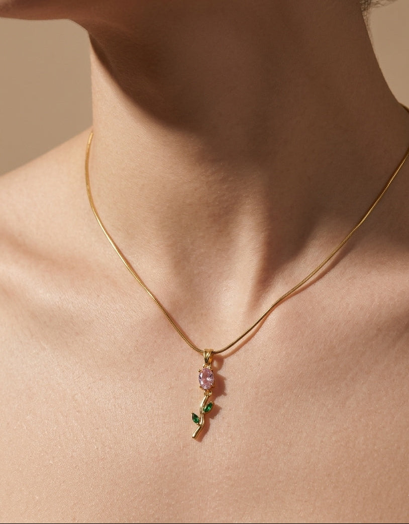 Antitarnish Necklace Pink Tulip Blossom Pendant 18K Gold Plated