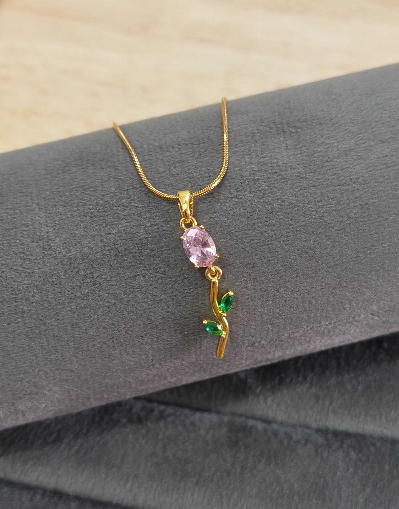 Antitarnish Necklace Pink Tulip Blossom Pendant 18K Gold Plated