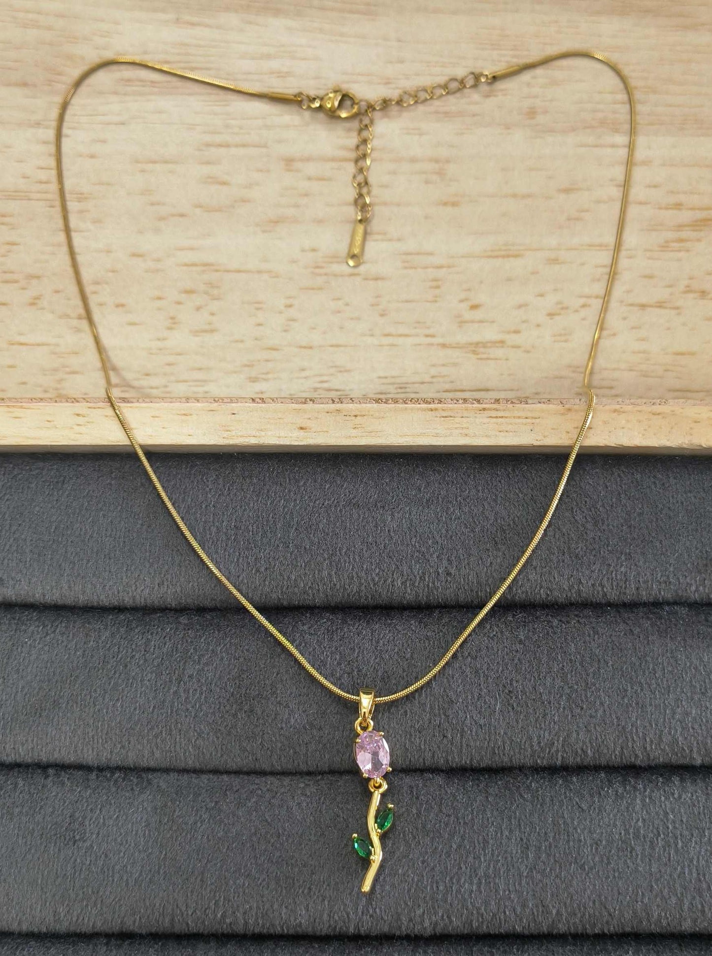 Antitarnish Necklace Pink Tulip Blossom Pendant 18K Gold Plated